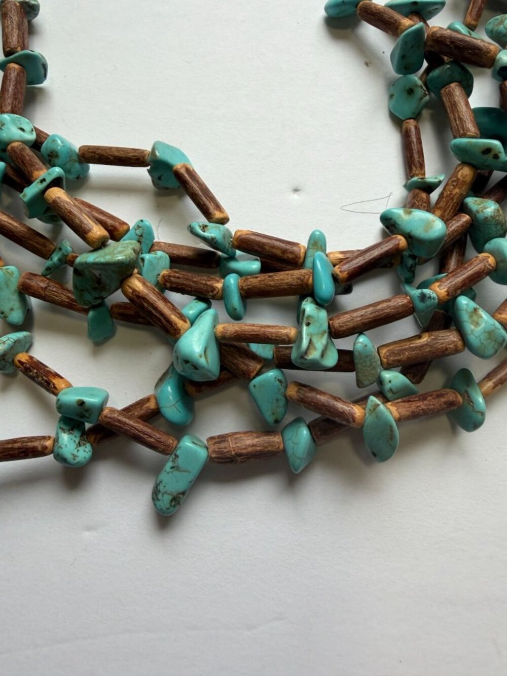 Genuine Turquoise Nuggets Wood Beads 7-Strand Necklace Southwestern Style 22" L - Picture 2 of 5